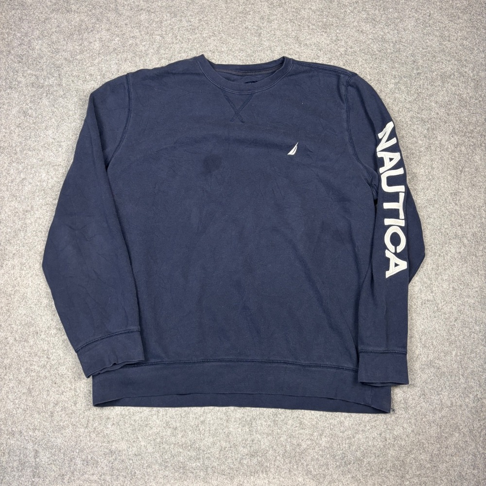 Nautica Mens XL Navy Blue Crewneck Sweatshirt Sleeve Logo Graphic Pullover